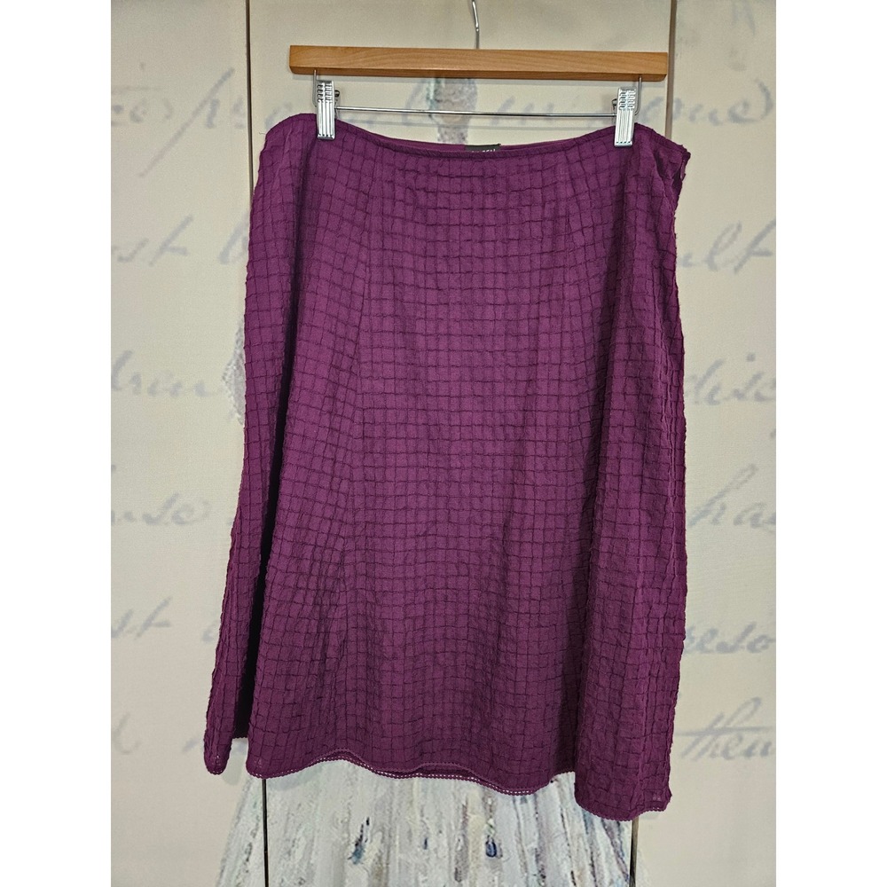 Eileen Fisher Skirt PM Purple Seersucker Crinkle Grid Cotton Midi Lagenlook Luxe